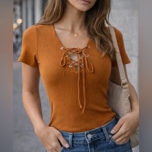 Zara Mustard Women's Lace-Up Ribbed Top